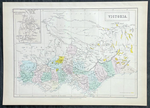1855 John Bartholomew Large Antique Goldfields Map of Victoria, Australia