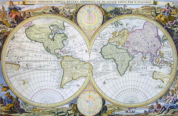 1677 Nicolas Visscher Antique Twin Hemisphere World Map