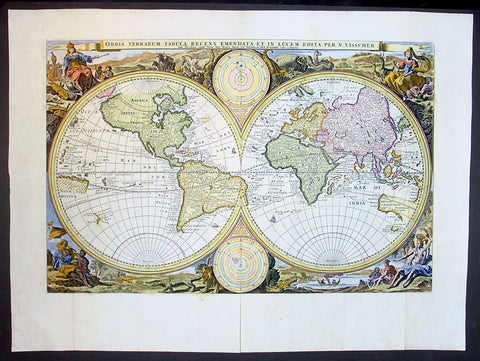 1677 Nicolas Visscher Antique Twin Hemisphere World Map