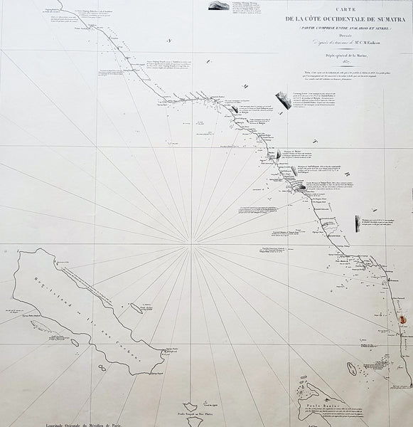 1837 Depot De Marine Large Antique Map Sea Chart of Aceh, Sumatra, Indonesia