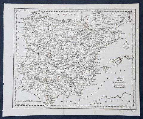 1790 Aaron Arrowsmith Original Antique Map of Spain, Portugal & Balearic Islands