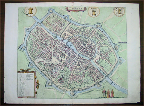 1575 Braun & Hogenberg Antique Map City Plan of Tournai or Doornik, Belgium