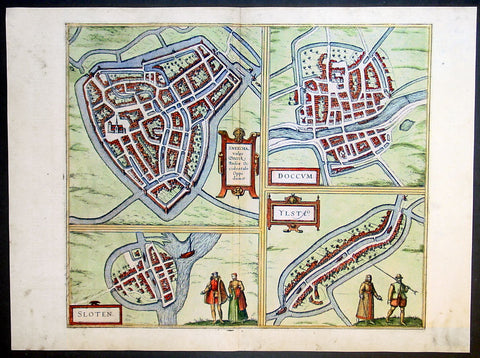 1575 Braun & Hogenberg Antique Print Sneek Dokkum Ylst Frisia Sloten Netherlands