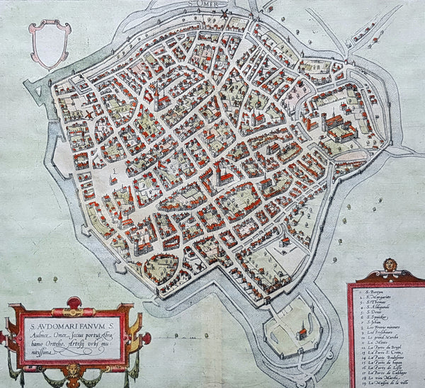 1575 Braun & Hogenberg Original Antique Birds Eye View of St Omer, Calais France