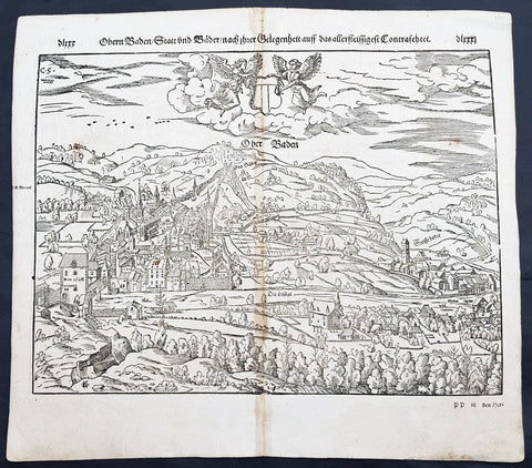 1598 Munster Antique Map Birds Eye View of Baden bei Zürich, Aargau, Switzerland