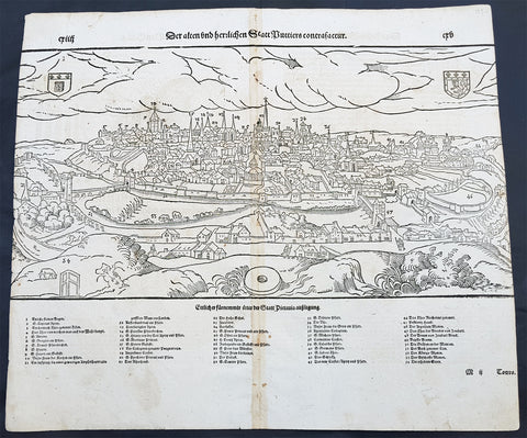 1598 Munster Antique Map Birds Eye View of the city of Poitiers in Poitou France