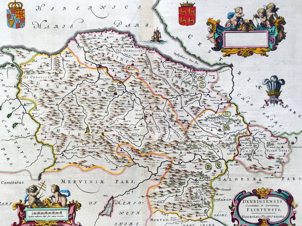 1647 Blaeu Antique Map of The Welsh Counties of Denbigh & Flintshire