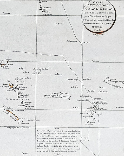 1798 Laperouse & Mourelle Antique Early Map of Queensland, PNG, Fiji etc in 1781
