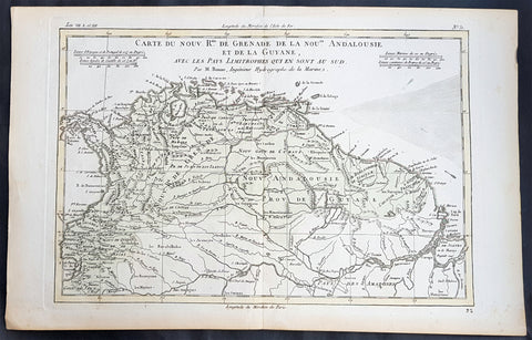 1780 Rigobert Bonne Antique Map South America Colombia, Venezuela, Amazon River