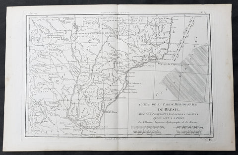 1780 Rigobert Bonne Original Antique Map of Brazil, South America