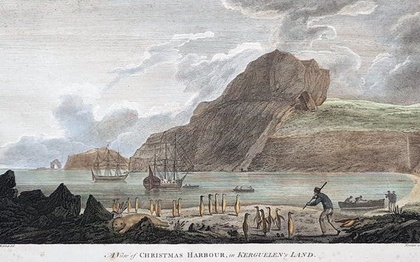 1784 Cook 1st edition Antique Print HMS Resolution & Discovery Xmas Bay, Kerguelen Isle 1776