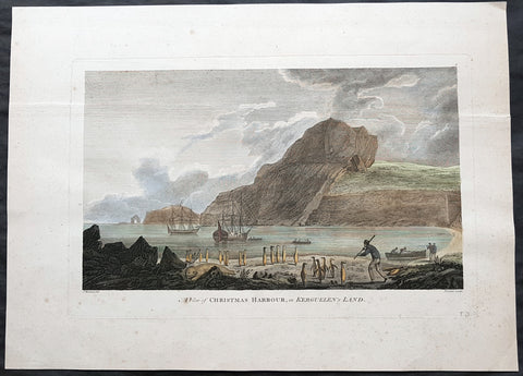 1784 Cook 1st edition Antique Print HMS Resolution & Discovery Xmas Bay, Kerguelen Isle 1776