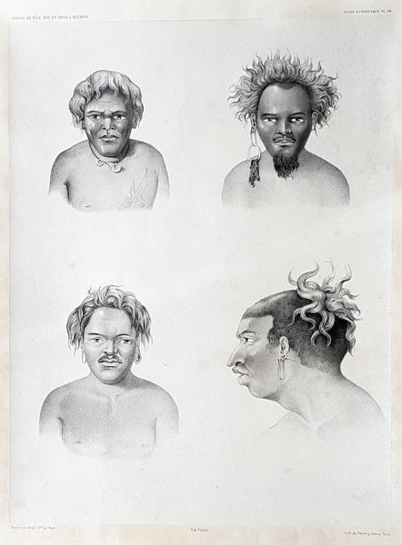 1842 D Urville & Goupil Antique Print of Men of Santa Isabel Isle, Solomon Isle.