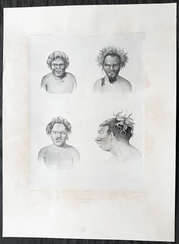 1842 D Urville & Goupil Antique Print of Men of Santa Isabel Isle, Solomon Isle.