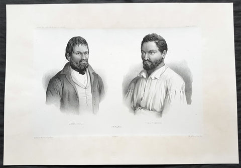 1842 D Urville & Marescot Antique Print of Envoys of Mangareva Isle, Gambier Is.