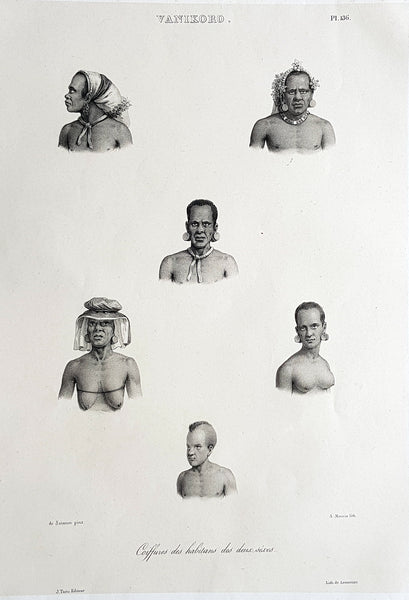 1836 D Urville & Sainson Antique Print Men & Women of Vanikoro Isle, Solomon Is.