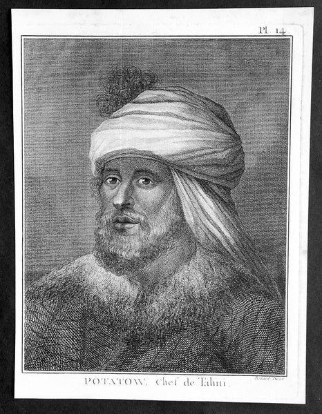 1778 Capt. Cook Antique Print Portrait of Chief Potatau of Punaauia, Tahiti 1773