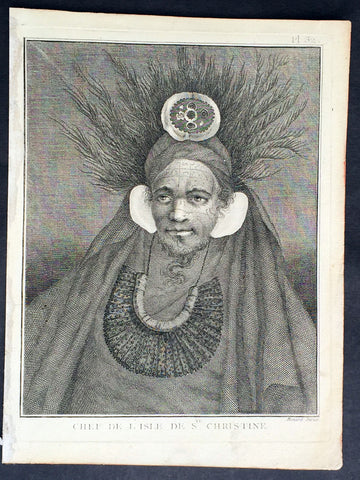 1778 Capt. Cook Antique Print Portrait Chief of Tahuata, Marquesas Isles in 1774