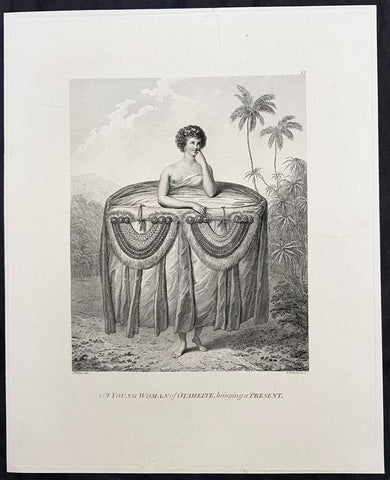 1784 Capt Cook Original Antique 1st Ed. Print - Tahitian Girl with Gift in 1777