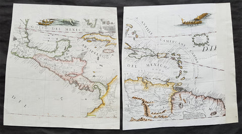 1693 Coronelli Antique Globe Gores x 2 of The Caribbean, Central & South America