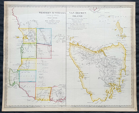 1833 SDUK Antique Map of Western Australia, Swan River Colony & Van Diemens Land