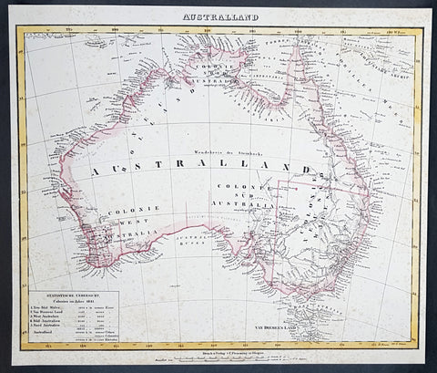 1845 Handtke & Flemming Large Antique Map of Australia - Population of 213,500