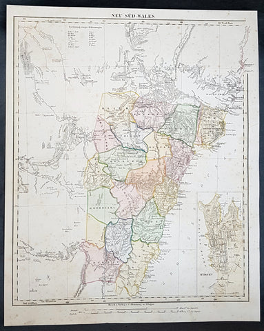 1854 Handtke & Flemming Large Antique Map of New South Wales, Sydney, Australia