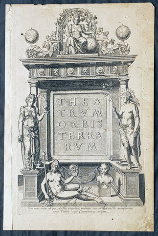1574 Abraham Ortelius Antique Atlas Title Page for Theatrum Orbis Terrarum.