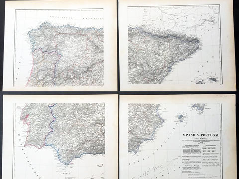 1854 Handtke & Flemming Huge 4 Sheet Antique Map of Spain, Portugal, Balearic Is