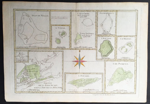 1780 Bonne Antique Map of South Pacific Islands Dusky Bay, Pitcairn, Easter Isle