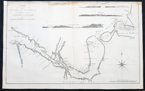 1774 Hawkesworth Large Antique Map Chart of The Magellan Straits, South America