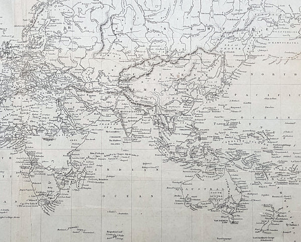 1845 Sydney Hall Large Antique World Map insets Singapore, Hong Kong, Cape, TAS