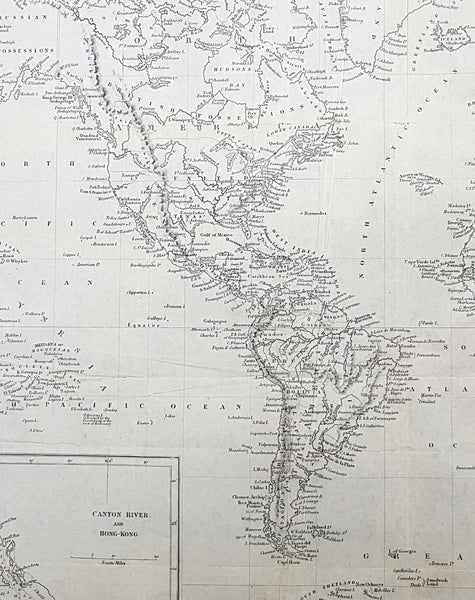 1845 Sydney Hall Large Antique World Map insets Singapore, Hong Kong, Cape, TAS