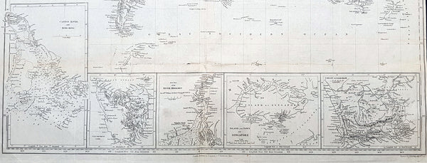1845 Sydney Hall Large Antique World Map insets Singapore, Hong Kong, Cape, TAS