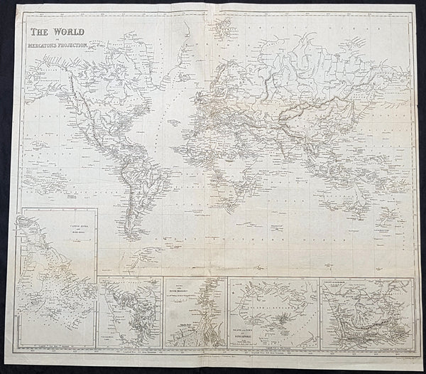1845 Sydney Hall Large Antique World Map insets Singapore, Hong Kong, Cape, TAS