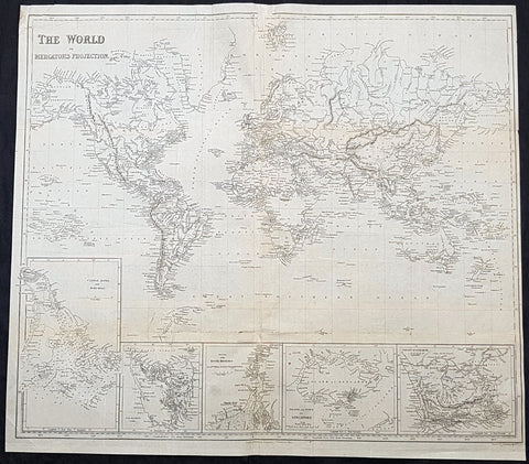 1845 Sydney Hall Large Antique World Map insets Singapore, Hong Kong, Cape, TAS