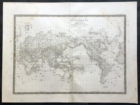 1821 Brue Large Antique World Map of Mercators Projection - New Holland, Texas