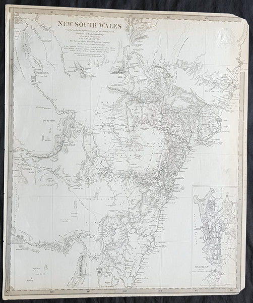 1833 SDUK Antique Map of New South Wales w/ inset Map of Sydney Town, Australia