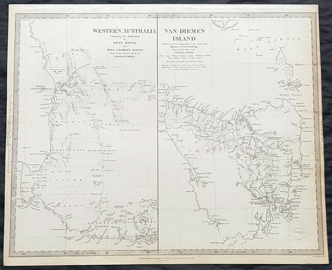 1833 SDUK Antique Map of Western Australia, Swan River Colony & Van Diemens Land