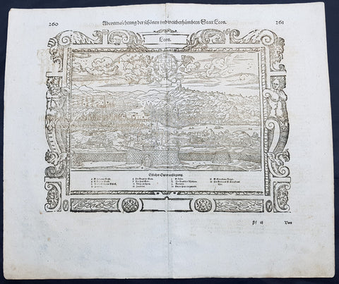 1628 Sebastian Munster Antique Map Birds Eye View of the city of Lyon, France