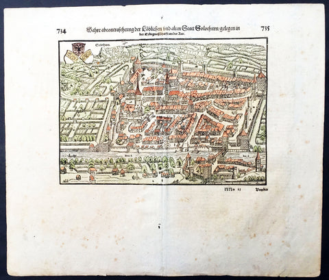1628 Sebastian Munster Old, Antique Print View of City of Solothurn, Switzerland