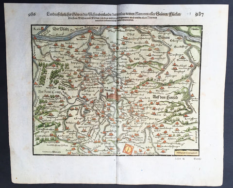 1628 Seb. Munster Antique Map of Swabia, Bavaria, Germany - Danube, Nordlingen
