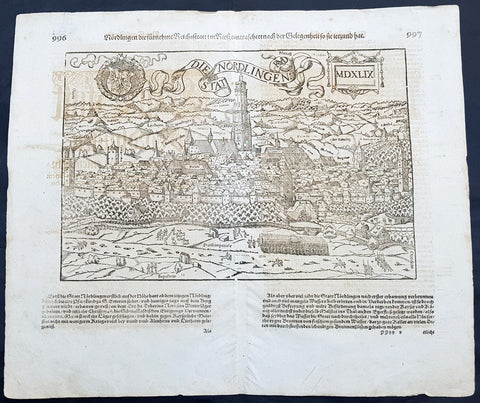 1628 Sebastian Munster & RMD Antique Map View Nordlingen Swabia, Bavaria Germany