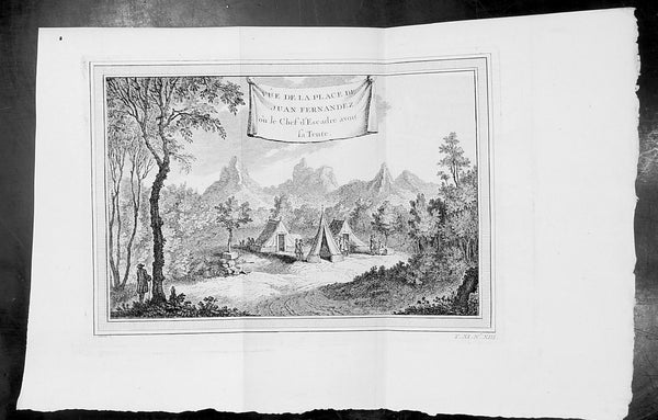 1750 Prevost Antique View of Juan Fernandez Island Chile, Alex. Selkirk & R. Crusoe