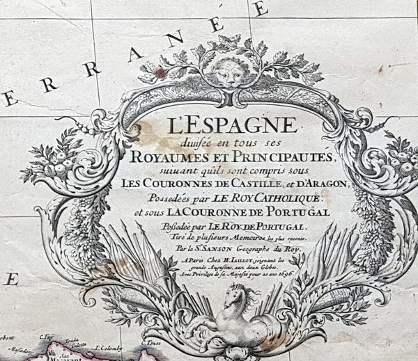 1696 Alexis Jaillot Large Antique Map of Spain, Portugal & Balearic Islands