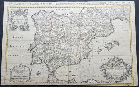 1696 Alexis Jaillot Large Antique Map of Spain, Portugal & Balearic Islands