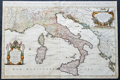 1692 Alexis Jaillot Large Original Antique Map of Italy, Sardinia & Corsica