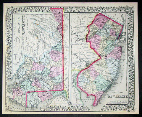 1870 Samuel Augustus Mitchell County Antique Maps New Jersey, Maryland, Delaware