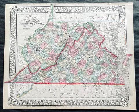 1870 Samuel Augustus Mitchell County Antique Map of Virginia & West Virginia
