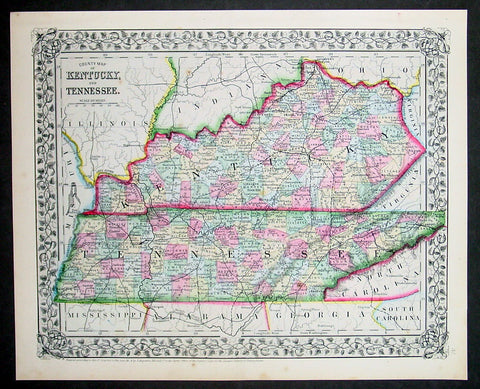 1870 Samuel Augustus Mitchell Antique County Map of Kentucky and Tennessee